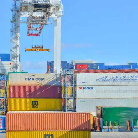 Stacked cargo containers in a sunny port industrial setting with crane.
